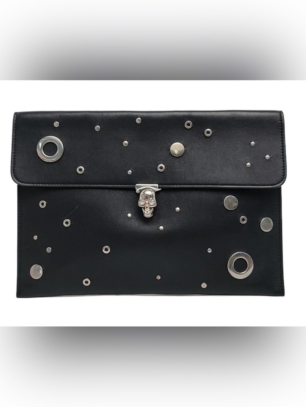 Alexander McQueen Black Leather Skull-Closure Studded Clutch